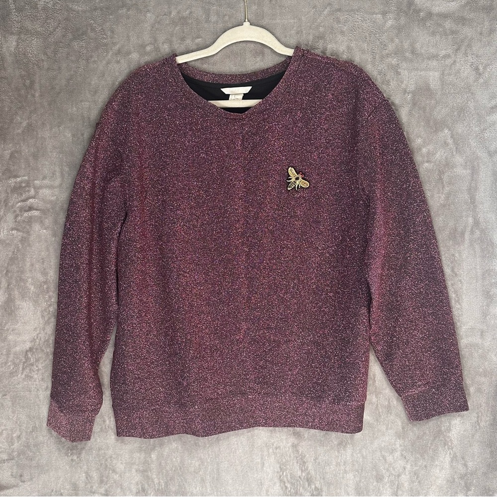 H&M Women's Size M Pink & Purple Sparkly Bee Patch Long Sleeve Top Glitter cute